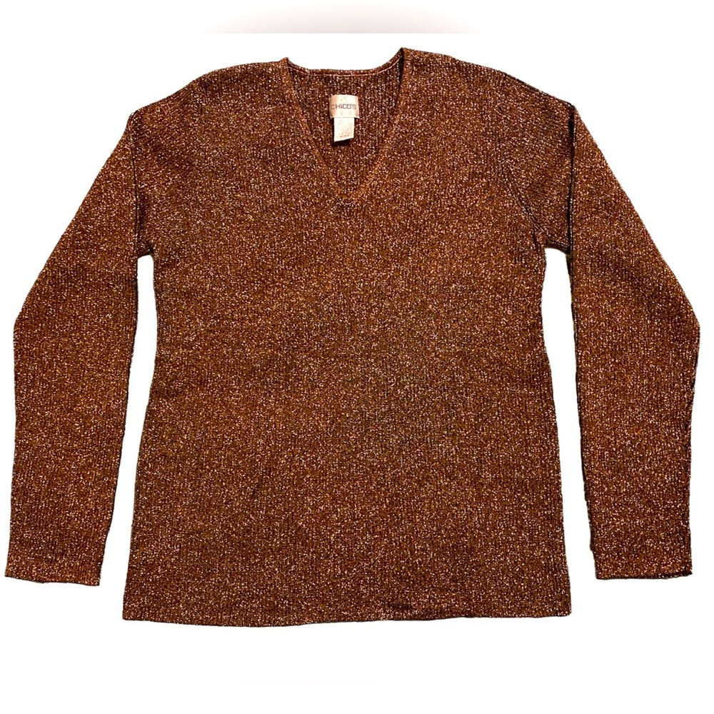 CHICOS Women’s 2 Gold Glitter Brown V-neck Sweater Pullover Holiday Christmas